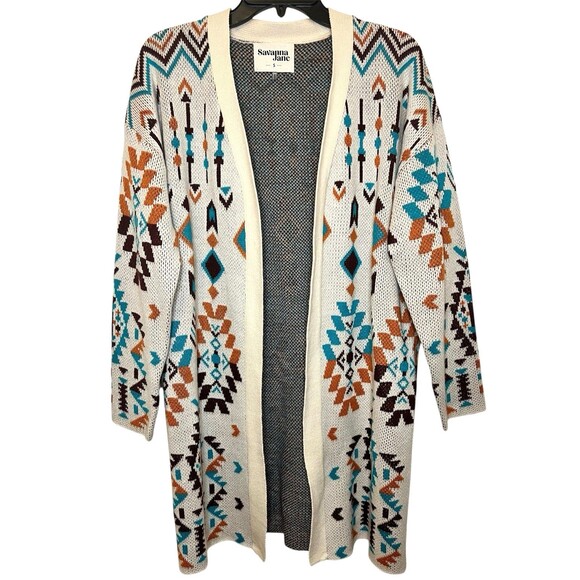 SAVANNA JANE Let's Get It Cream Open Front Knit Aztec Cardigan Sweater Boho S - Picture 5 of 10